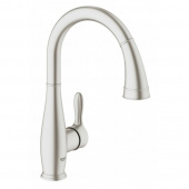 Смеситель для кухни однорычажный GROHE Parkfield с выдвижной лейкой, C-образный излив, суперсталь (30215DC1) — фото, характеристики, купить в VLADIVOSTOK-CLIMBO