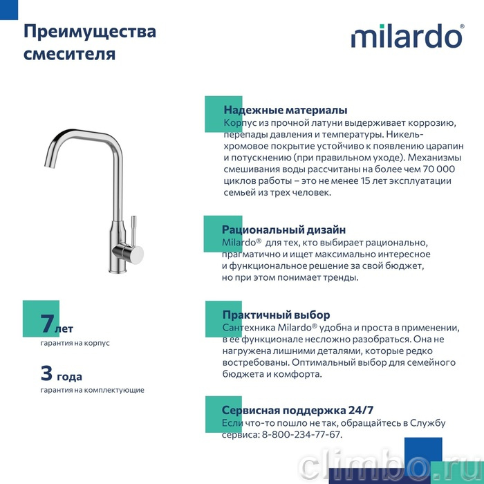 Смеситель для кухни, глянцевый хром, Meal, Milardo, M01SBL0M05 — фото товара