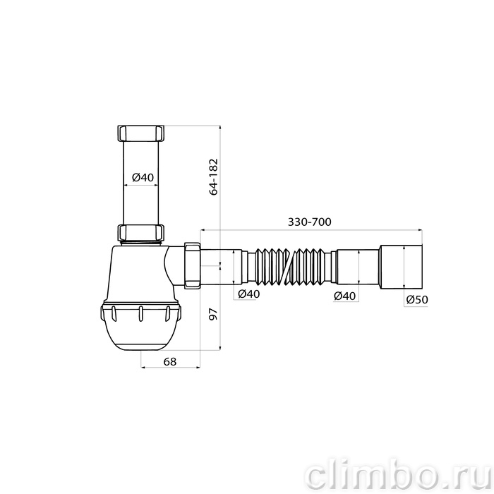 Сифон бутылочный, 1.1/2x40мм, с гофротрубой 40/50мм, IDDIS, 900A0G0010VD — фото, детали конструкции