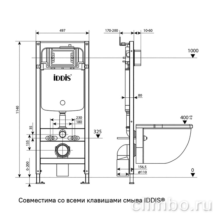Комплект 3в1: подвесной унитаз, инсталляция и клавиша смыва, IDDIS, BASB020i73 — фото, детали конструкции