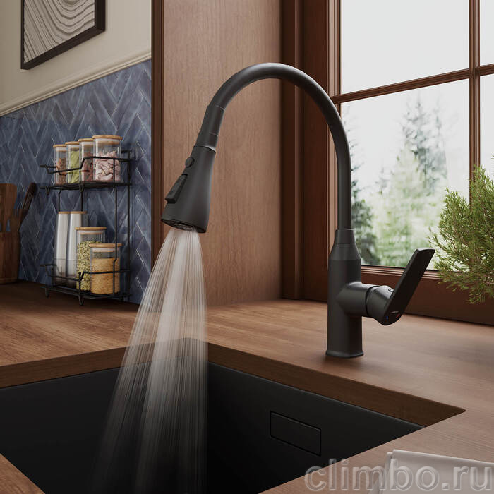 POLBL0FM05, Смеситель для кухни c гибким изливом, черный матовый, Поли (Poli), MI — фото, детали конструкции